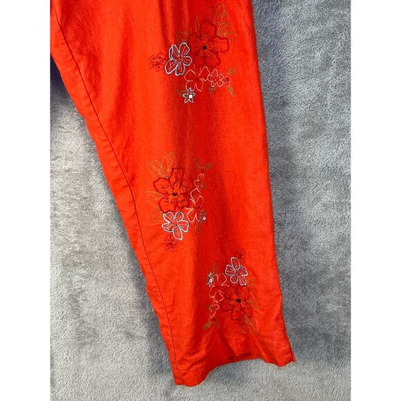 2 Piece Linen Blend Pant Set Size 10 Orange Floral Embroidered Beaded Fringe - Picture 8 of 10